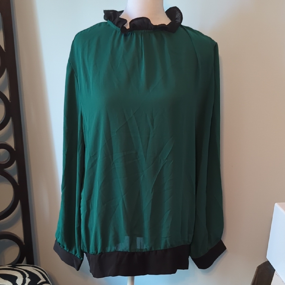 New York & Company Green Blouse with Black Accents
